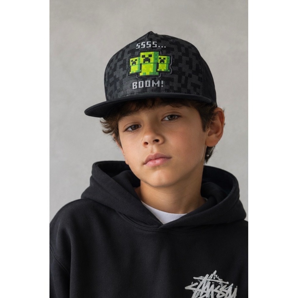 Minecraft Creeper Boom Youth Snapback Hat Black Pixel Pattern OSFM Kids Gamer